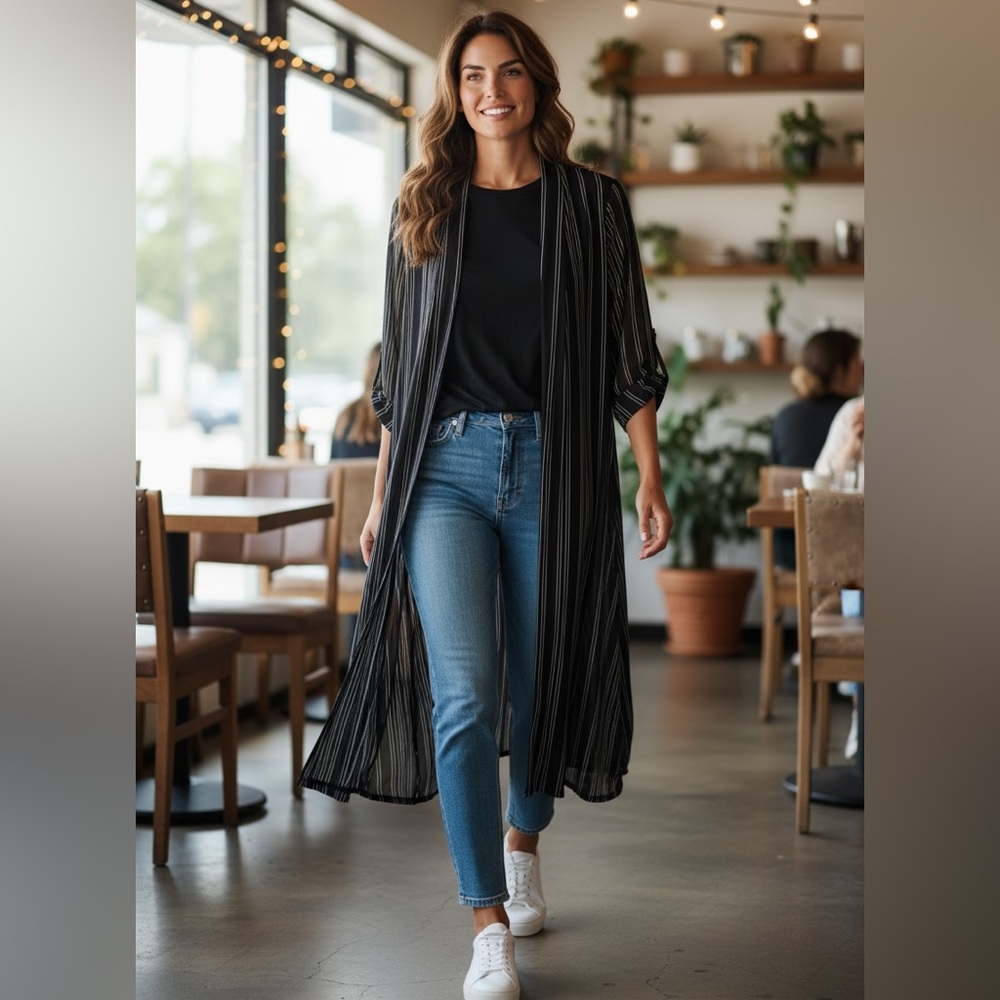 Ember Black and White Striped Women's Duster